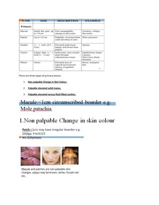 There are three types of primary lesions
1. Non palpable Change in Skin Colour.
2. Palpable elevated solid masse.
3. Palpable elevated serous fluid filled cavities.
 