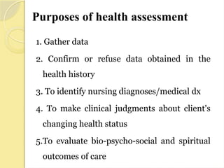 Purposes of health assessment
1. Gather data
2. Confirm or refuse data obtained in the
health history
3. To identify nursing diagnoses/medical dx
4. To make clinical judgments about client's
changing health status
5.To evaluate bio-psycho-social and spiritual
outcomes of care
 