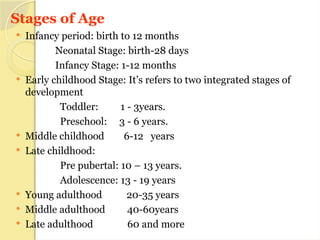 Stages of Age
 Infancy period: birth to 12 months
Neonatal Stage: birth-28 days
Infancy Stage: 1-12 months
 Early childhood Stage: It’s refers to two integrated stages of
development
Toddler: 1 - 3years.
Preschool: 3 - 6 years.
 Middle childhood 6-12 years
 Late childhood:
Pre pubertal: 10 – 13 years.
Adolescence: 13 - 19 years
 Young adulthood 20-35 years
 Middle adulthood 40-60years
 Late adulthood 60 and more
 