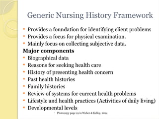Generic Nursing History Framework
 Provides a foundation for identifying client problems
 Provides a focus for physical examination.
 Mainly focus on collecting subjective data.
Major components
 Biographical data
 Reasons for seeking health care
 History of presenting health concern
 Past health histories
 Family histories
 Review of systems for current health problems
 Lifestyle and health practices (Activities of daily living)
 Developmental levels
 Photocopy page 19 in Weber & Kelley, 2014
 