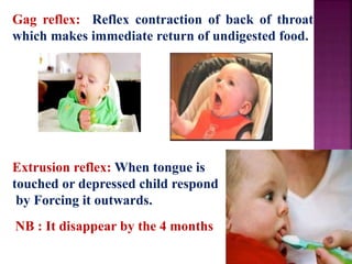 Gag reflex: Reflex contraction of back of throat
which makes immediate return of undigested food.
Extrusion reflex: When tongue is
touched or depressed child respond
by Forcing it outwards.
NB : It disappear by the 4 months
 