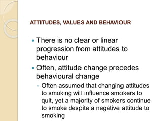 ATTITUDES, VALUES AND BEHAVIOUR
 There is no clear or linear
progression from attitudes to
behaviour
 Often, attitude ch...
