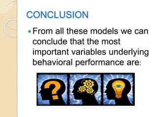 VARIABLES UNDERLYING BEHAVIOURAL
PERFORMANCE
4. The person believes that the
advantages (benefits, anticipated
positive ou...