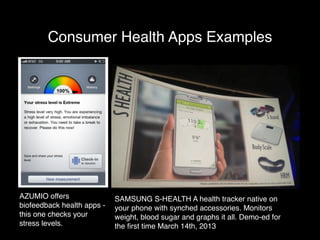 Consumer Health Apps Examples 
AZUMIO offers 
biofeedback health apps - 
this one checks your 
stress levels. 
SAMSUNG S-H...