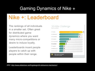 Gaming Dynamics of Nike + 
SRC: http://designmind.com 
SRC: http://www.slideshare.net/frogdesign/iln-behaviors-mechanics1 
 