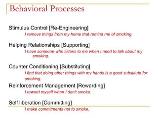 Behavioral Processes 
Stimulus Control [Re-Engineering] 
I remove things from my home that remind me of smoking. 
Helping Relationships [Supporting] 
I have someone who listens to me when I need to talk about my smoking. 
Counter Conditioning [Substituting] 
I find that doing other things with my hands is a good substitute for 
smoking. 
Reinforcement Management [Rewarding] 
I reward myself when I don’t smoke. 
Self liberation [Committing] 
I make commitments not to smoke.  