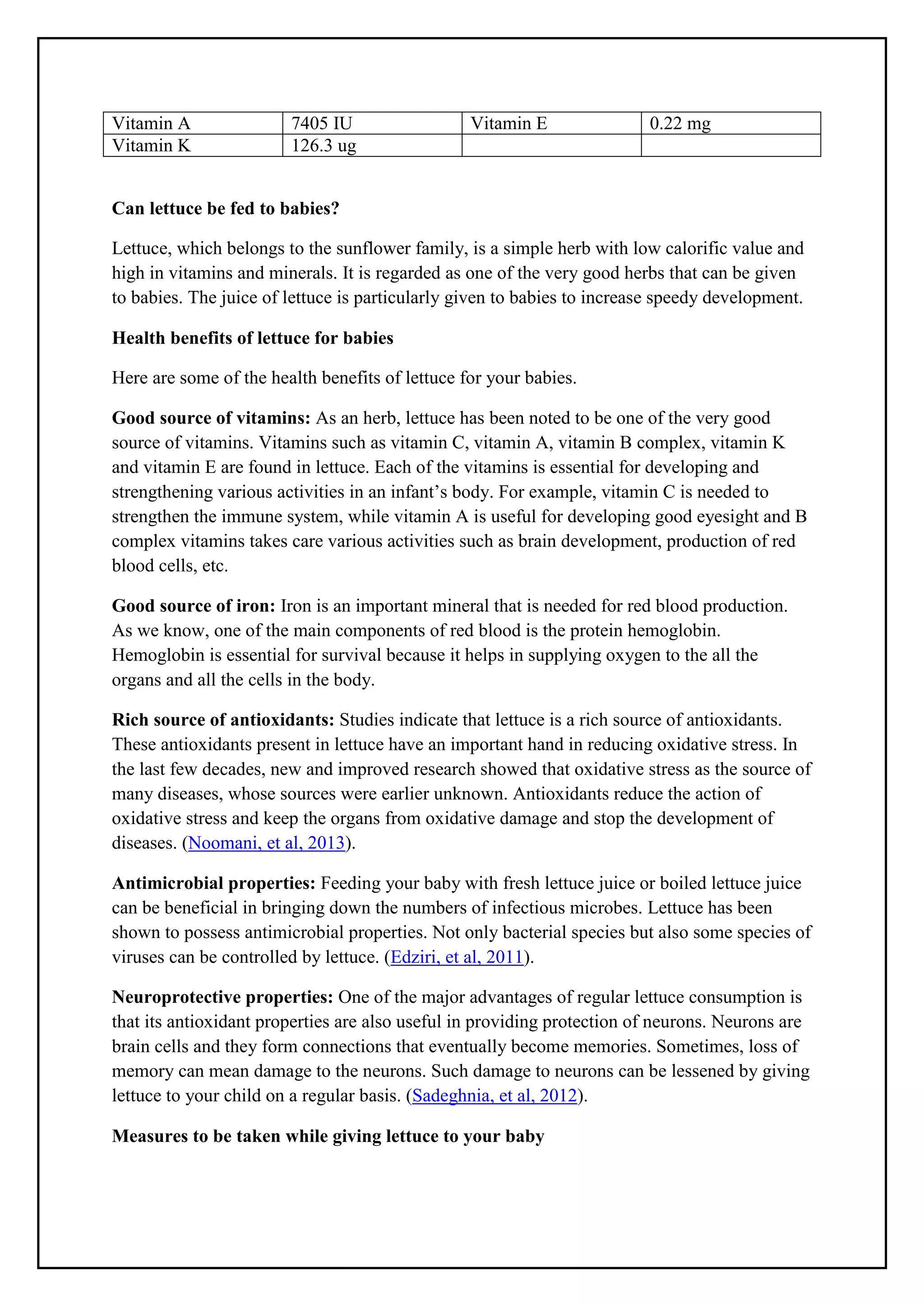 Health benefits of Lettuce for babies PDF