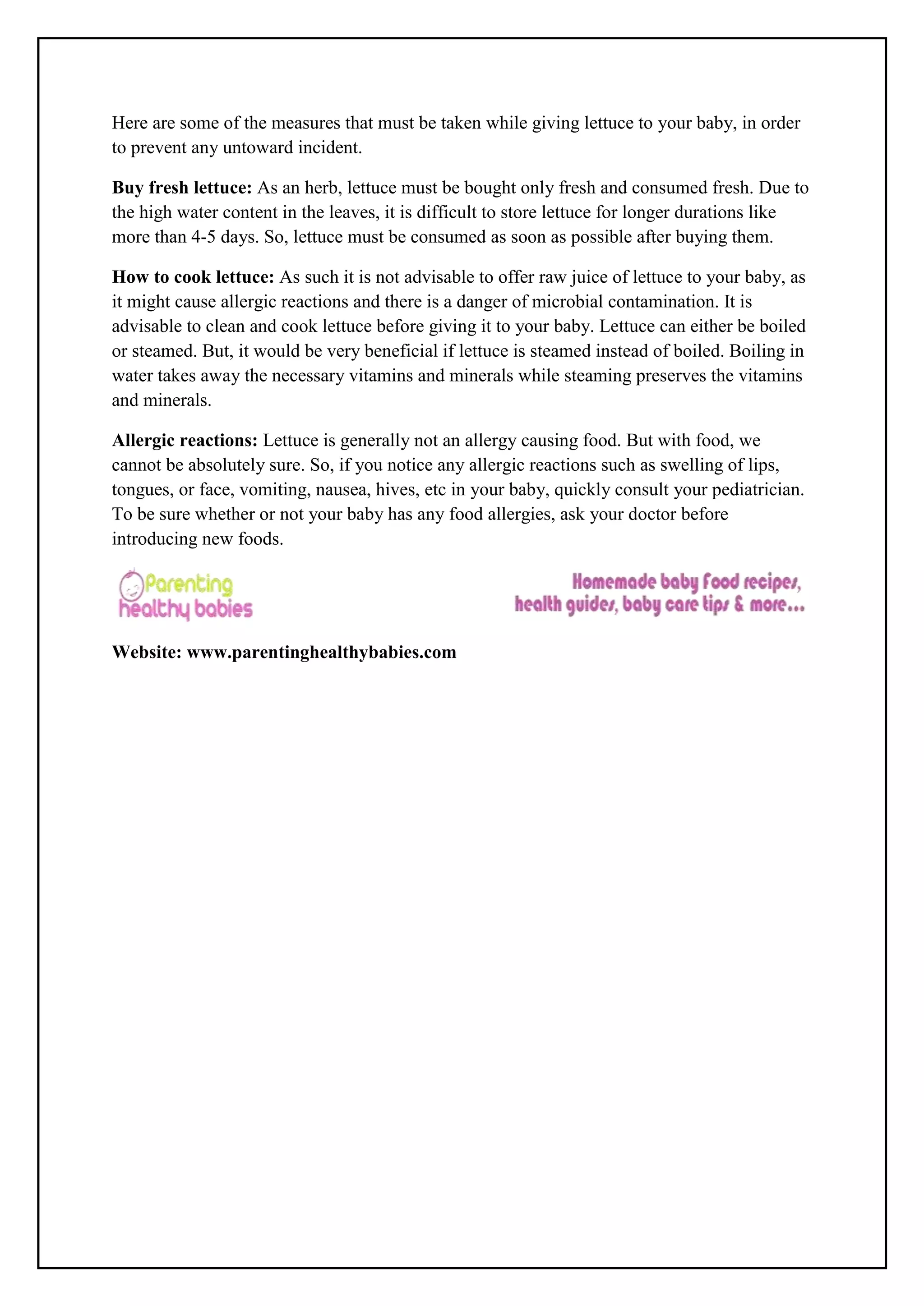 Health benefits of Lettuce for babies