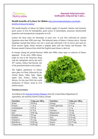 Health benefits of Lettuce for Babies-http://parentinghealthybabies.com/health-
benefits-of-lettuce-for-babies/
The health benefits of lettuce for babies include supply of essential vitamins and minerals,
good source of iron for hemoglobin, good source of antioxidants, possesses antimicrobial
properties and neuroprotective properties as well.
Lettuce has been eaten for thousands of years now. It was first cultivated by ancient
Egyptians more than 4500 years ago. The botanical name of lettuce is lactuca sativa. Ancient
Egyptians learned that lettuce was not a weed and cultivated it for its leaves and seed oil.
From ancient Egypt, lettuce became a popular plant with the Greeks and Romans. The
Romans named it lactuca from which the English name lettuce is derived.
In Europe, during the period between 1600s and 1800s, many types or cultivars of lettuce
appeared. In the early 1800s lettuce
made its way to the Americas along
with the immigrants and by the early
20th
century, lettuce had become one
of the prominent herbs in the market.
The highest production of lettuce
takes place in China, followed by the
United States, India, Italy, Spain,
Japan, Iran, France, Turkey and
Mexico. For the year 2010, the world
production of lettuce stood at 23.6
million tonnes.
Nutrition in lettuce
According to the National Nutrient Database from the United States Department of
Agriculture, the nutrition found in lettuce include
Nutrition Value per 100 g Nutrition Value per 100 g
Water 94.98 g Energy 15 kcal
Protein 1.36 g Total Lipid (fat) 0.15 g
Carbohydrate 2.87 g Fiber 1.3 g
Sugar 0.78 g Calcium 36 mg
Iron 0.86 mg Magnesium 13 mg
Phosphorous 29 mg Potassium 194 mg
Sodium 28 mg Zinc 0.18 mg
Vitamin C 9.2 mg Thiamin 0.07 mg
Riboflavin 0.08 mg Niacin 0.375 mg
Vitamin B-6 0.09 mg Folate 38 ug
 