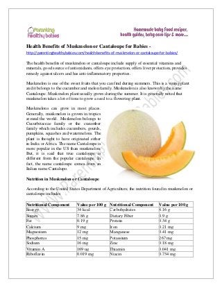 Health Benefits of Muskmelon or Cantaloupe for Babies http://parentinghealthybabies.com/health-benefits-of-muskmelon-or-cantaloupe-for-babies/

The health benefits of muskmelon or cantaloupe include supply of essential vitamins and
minerals, good source of antioxidants, offers eye protection, offers liver protection, provides
remedy against ulcers and has anti-inflammatory properties.
Muskmelon is one of the sweet fruits that you can find during summers. This is a vining plant
and it belongs to the cucumber and melon family. Muskmelon is also known by the name
Cantaloupe. Muskmelon plant usually grows during the summer. It is generally noted that
muskmelon takes a lot of time to grow a seed to a flowering plant.
Muskmelons can grow in most places.
Generally, muskmelon is grown in tropics
around the world. Muskmelon belongs to
Cucurbitaceae family or the cucumber
family which includes cucumbers, gourds,
pumpkins, squashes and watermelons. The
plant is thought to have originated either
in India or Africa. The name Cantaloupe is
more popular in the US than muskmelon.
But, it is said that true cantaloupe is
different from the popular cantaloupe. In
fact, the name cantaloupe comes from an
Italian name Cantalupo.
Nutrition in Muskmelon or Cantaloupe
According to the United States Department of Agriculture, the nutrition found in muskmelon or
cantaloupe includes
Nutritional Component
Energy
Sugars
Fat
Calcium
Magnesium
Phosphorus
Sodium
Vitamin A
Riboflavin

Value per 100 g
34 kcal
7.86 g
0.19 g
9 mg
12 mg
15 mg
16 mg
169 ug
0.019 mg

Nutritional Component
Carbohydrates
Dietary Fiber
Protein
Iron
Manganese
Potassium
Zinc
Thiamin
Niacin

Value per 100 g
8.16 g
0.9 g
0.34 g
0.21 mg
0.41 mg
267 mg
0.18 mg
0.041 mg
0.734 mg

 