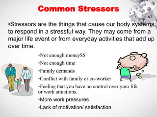 Common Stressors
•Stressors are the things that cause our body systems
to respond in a stressful way. They may come from a
major life event or from everyday activities that add up
over time:
•Not enough money$$
•Not enough time
•Family demands
•Conflict with family or co-worker
•Feeling that you have no control over your life
or work situations.
•More work pressures
•Lack of motivation/ satisfaction
 