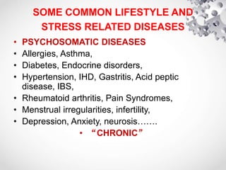SOME COMMON LIFESTYLE AND
STRESS RELATED DISEASES
• PSYCHOSOMATIC DISEASES
• Allergies, Asthma,
• Diabetes, Endocrine disorders,
• Hypertension, IHD, Gastritis, Acid peptic
disease, IBS,
• Rheumatoid arthritis, Pain Syndromes,
• Menstrual irregularities, infertility,
• Depression, Anxiety, neurosis…….
• “CHRONIC”
 