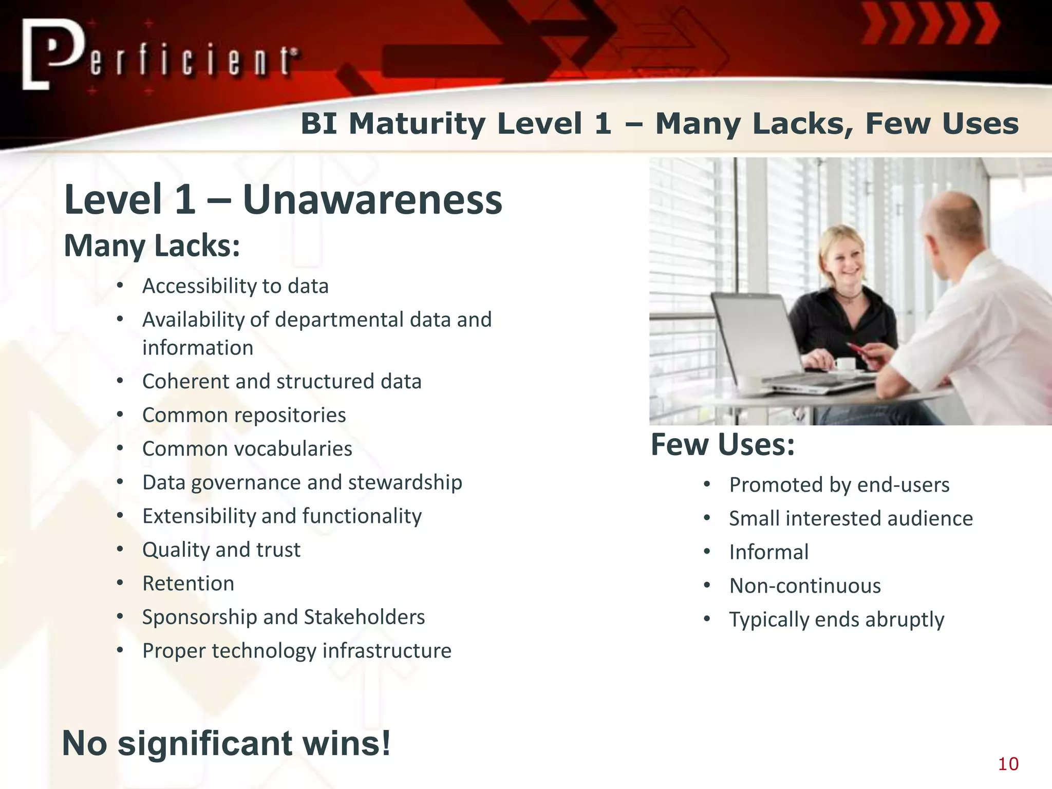 BI Maturity Level 1 – Many Lacks, Few Uses

Level 1 – Unawareness
Many Lacks:
   • Accessibility to data
   • Availability of departmental data and
     information
   • Coherent and structured data
   • Common repositories
   • Common vocabularies                     Few Uses:
   • Data governance and stewardship            •   Promoted by end-users
   • Extensibility and functionality            •   Small interested audience
   • Quality and trust                          •   Informal
   • Retention                                  •   Non-continuous
   • Sponsorship and Stakeholders               •   Typically ends abruptly
   • Proper technology infrastructure



No significant wins!                                                            10
 