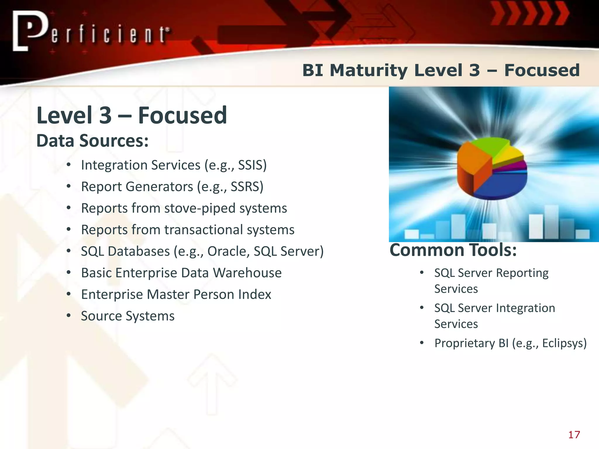 BI Maturity Level 3 – Focused

Level 3 – Focused
Data Sources:
   •   Integration Services (e.g., SSIS)
   •   Report Generators (e.g., SSRS)
   •   Reports from stove-piped systems
   •   Reports from transactional systems
   •   SQL Databases (e.g., Oracle, SQL Server)     Common Tools:
   •   Basic Enterprise Data Warehouse                 • SQL Server Reporting
   •   Enterprise Master Person Index                    Services
                                                       • SQL Server Integration
   •   Source Systems
                                                         Services
                                                       • Proprietary BI (e.g., Eclipsys)




                                                                                    17
 