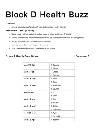 Block D Health Buzz
What is it?

   •   An oral presentation of any health topic that interests you (3- 5 mins)

Assessment Criteria (5 points)

   •   Use a visual – either magazine, picture board or power point (max 5 slides)

   •   Should be interesting and informative (must include sources of information in a bibliography)

   •   Should be unique (do not repeat a previous issue)

   •   Must be relevant and meaningful to teenagers

   •   Must use notes to guide you – do not look at the screen



Grade 7 Health Buzz Dates                                                                Semester 2


                      Mon 28 Jan                          1. Danica
                                                          2. Ishan
                      Mon 4 Feb                           1. Grace
                                                          2. Aleksei
                      Mon 11 Feb                          1. Tara
                                                          2. Alex
                      Mon 18 Feb                          1. Khenzom
                                                          2. Lauren
                      Mon 4 Mar                           1. Fi
                                                          2. Seth
                      Mon 11 Mar                          1. Mai
                                                          2. Nikhil
                      Mon 18 Mar                          1. Simon
                                                          2. Christina
                      Mon 25 Mar                          1. Ayano
                                                          2. Leopold
                      Mon 15 Apr                          1. Yasmin
 