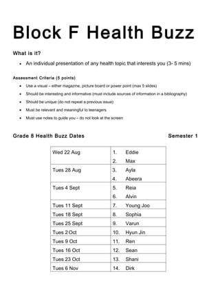 Block F Health Buzz
What is it?

   •   An individual presentation of any health topic that interests you (3- 5 mins)

Assessment Criteria (5 points)

   •   Use a visual – either magazine, picture board or power point (max 5 slides)

   •   Should be interesting and informative (must include sources of information in a bibliography)

   •   Should be unique (do not repeat a previous issue)

   •   Must be relevant and meaningful to teenagers

   •   Must use notes to guide you – do not look at the screen



Grade 8 Health Buzz Dates                                                                Semester 1


                      Wed 22 Aug                         1.      Eddie
                                                         2.      Max
                      Tues 28 Aug                       3.       Ayla
                                                        4.       Abeera
                      Tues 4 Sept                        5.      Reia
                                                         6.      Alvin
                      Tues 11 Sept                       7.      Young Joo
                      Tues 18 Sept                       8.      Sophia
                      Tues 25 Sept                       9.      Varun
                      Tues 2 Oct                         10.     Hyun Jin
                      Tues 9 Oct                         11.     Ren
                      Tues 16 Oct                        12.     Sean
                      Tues 23 Oct                        13.     Shani
                      Tues 6 Nov                         14.     Dirk
 