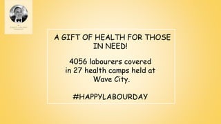 A GIFT OF HEALTH FOR THOSE
IN NEED!
4056 labourers covered
in 27 health camps held at
Wave City.
#HAPPYLABOURDAY