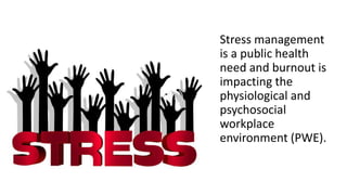 Stress management
is a public health
need and burnout is
impacting the
physiological and
psychosocial
workplace
environment (PWE).
 