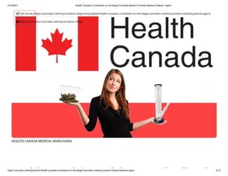 5/13/2021 Health Canada's Crackdown on the Illegal Cannabis Market Punishes Medical Patients, Again!
https://cannabis.net/blog/opinion/health-canadas-crackdown-on-the-illegal-cannabis-market-punishes-medical-patients-again 2/15
HEALTH CANADA MEDICAL MARIJUANA
l h d ' kd h ll l
 Edit Article (https://cannabis.net/mycannabis/c-blog-entry/update/health-canadas-crackdown-on-the-illegal-cannabis-market-punishes-medical-patients-again)
 Article List (https://cannabis.net/mycannabis/c-blog)
 