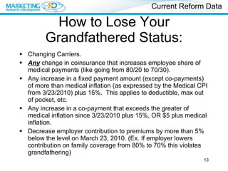 How to Lose Your Grandfathered Status: Changing Carriers. Any  change in coinsurance that increases employee share of medical payments (like going from 80/20 to 70/30).  Any increase in a fixed payment amount (except co-payments) of more than medical inflation (as expressed by the Medical CPI from 3/23/2010) plus 15%.  This applies to deductible, max out of pocket, etc. Any increase in a co-payment that exceeds the greater of medical inflation since 3/23/2010 plus 15%, OR $5 plus medical inflation. Decrease employer contribution to premiums by more than 5% below the level on March 23, 2010. (Ex. If employer lowers contribution on family coverage from 80% to 70% this violates grandfathering)  Current Reform Data 