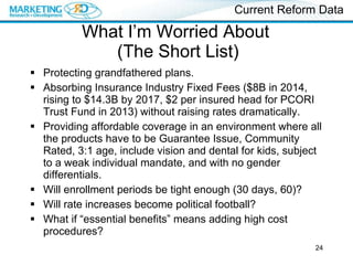 What I’m Worried About  (The Short List) Protecting grandfathered plans. Absorbing Insurance Industry Fixed Fees ($8B in 2014, rising to $14.3B by 2017, $2 per insured head for PCORI Trust Fund in 2013) without raising rates dramatically. Providing affordable coverage in an environment where all the products have to be Guarantee Issue, Community Rated, 3:1 age, include vision and dental for kids, subject to a weak individual mandate, and with no gender differentials. Will enrollment periods be tight enough (30 days, 60)?  Will rate increases become political football? What if “essential benefits” means adding high cost procedures? Current Reform Data 