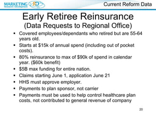 Early Retiree Reinsurance  (Data Requests to Regional Office) <ul><li>Covered employees/dependants who retired but are 55-...
