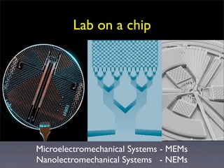 Lab on a chip




Microelectromechanical Systems - MEMs
Nanolectromechanical Systems - NEMs
 