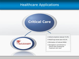 Critical Care Healthcare Applications Airborne bacteria reduced 72.9% Mold/Fungi levels down 60.2% Elimination of Cultured MRSA Strengthens commitment to “ World Class Professional  Treatment with Care” 
