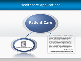 Patient Care Healthcare Applications “ I am pleased to advise you that the AiroCide system installed at our office has had some positive effects on out office environment.  The overall air quality has improved considerably with the noticeable elimination  of any mold, mildew or cleaning chemical odors…Additionally our staff has commented that the air feels lighter and crisper, it is easier to breathe, and there are fewer itchy throats and chronic allergic discomforts.” Dr. Evan Landis Roswell Pediatric Center – Alpharetta, GA 