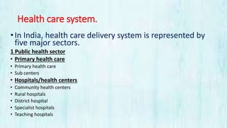 Health care system.
•In India, health care delivery system is represented by
five major sectors.
1 Public health sector
• Primary health care
• Primary health care
• Sub centers
• Hospitals/health centers
• Community health centers
• Rural hospitals
• District hospital
• Specialist hospitals
• Teaching hospitals
 