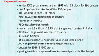 C. Anganwadi worker –
- under ICDS programme start in 1975 with 33 block & 4891 centers
- one Anganwadi worker for 400 – 800 people.
- 100 workers in each ICDS block
- 7067 ICDS block functioning in country.
- four month training
- 7500 Rs salary per month
- more than 1.3 million ( 13.73 lakh ) anganwadi centres in India.
- 12.8 lakh anganwadi workers in country.
- 11.6 lakh helpers
- at present total 54677 centers functioning in Rajasthan
-2977 anganwadi centers functioning in Udaipur.
- budget for 2020. 35600 crore
- govt. gave 6 lakh anganwadi workers smartphones in this budget.
 