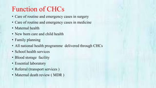 Function of CHCs
• Care of routine and emergency cases in surgery
• Care of routine and emergency cases in medicine
• Maternal health
• New born care and child health
• Family planning
• All national health programme delivered through CHCs
• School health services
• Blood storage facility
• Essential laboratory
• Referral (transport services )
• Maternal death review ( MDR )
 