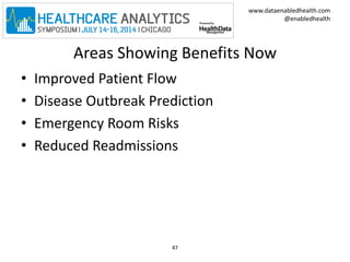 www.dataenabledhealth.com 
@enabledhealth 
Areas Showing Benefits Now 
• Improved Patient Flow 
• Disease Outbreak Prediction 
• Emergency Room Risks 
• Reduced Readmissions 
47 
 