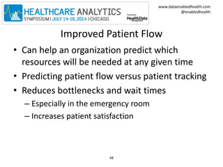 www.dataenabledhealth.com 
@enabledhealth 
Improved Patient Flow 
• Can help an organization predict which 
resources will...