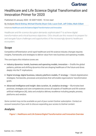 Page 1/9
Gartner, Inc. | 714345
Healthcare and Life Science Digital Transformation and
Innovation Primer for 2020
Published 24 January 2020 - ID G00714345 - 10 min read
By Analysts Mandi Bishop, Michael Shanler, Bryan Cole, Laura Craft, Jeff Cribbs, Mark Gilbert
Initiatives:Healthcare and Life Science Digital Transformation and Innovation
Healthcare and life science disruption demands sophisticated IT to achieve digital
transformation and critical business objectives. CIOs should use this research to prepare for
and navigate future challenges and opportunities of the increasingly dynamic healthcare
ecosystem.
Scope
Competitive differentiation amid rapid healthcare and life science industry changes requires
insights, frameworks and strategies to deliver value from new business and operating models.
The core topics this initiative covers are:
Some content may not be available as part of your current Gartner subscription. Contact an
account executive if you wish to discuss expanding your access to Gartner content.
Analysis
Figure 1. Healthcare and Life Science Digital Transformation and Innovation Overview
Industry dynamics: trends, business and operating models, innovation — Distills the global
patterns, policies and shifting dynamics that are shaping healthcare of the future and dives
deeply into the IT implications.
■
Digital strategy: digital business, industry platform models, IT strategy — Details digitalization
strategies, frameworks, processes and practices that will enable organizations’ transformation
goals.
■
Advanced intelligence and insight: data curation, AI, analytics strategy — Illuminates best
practices, strategies and core competencies across all aspects of healthcare and life science
artiﬁcial intelligence (AI), data and analytics delivery excellence including people, process,
platforms and vendors.
■
 