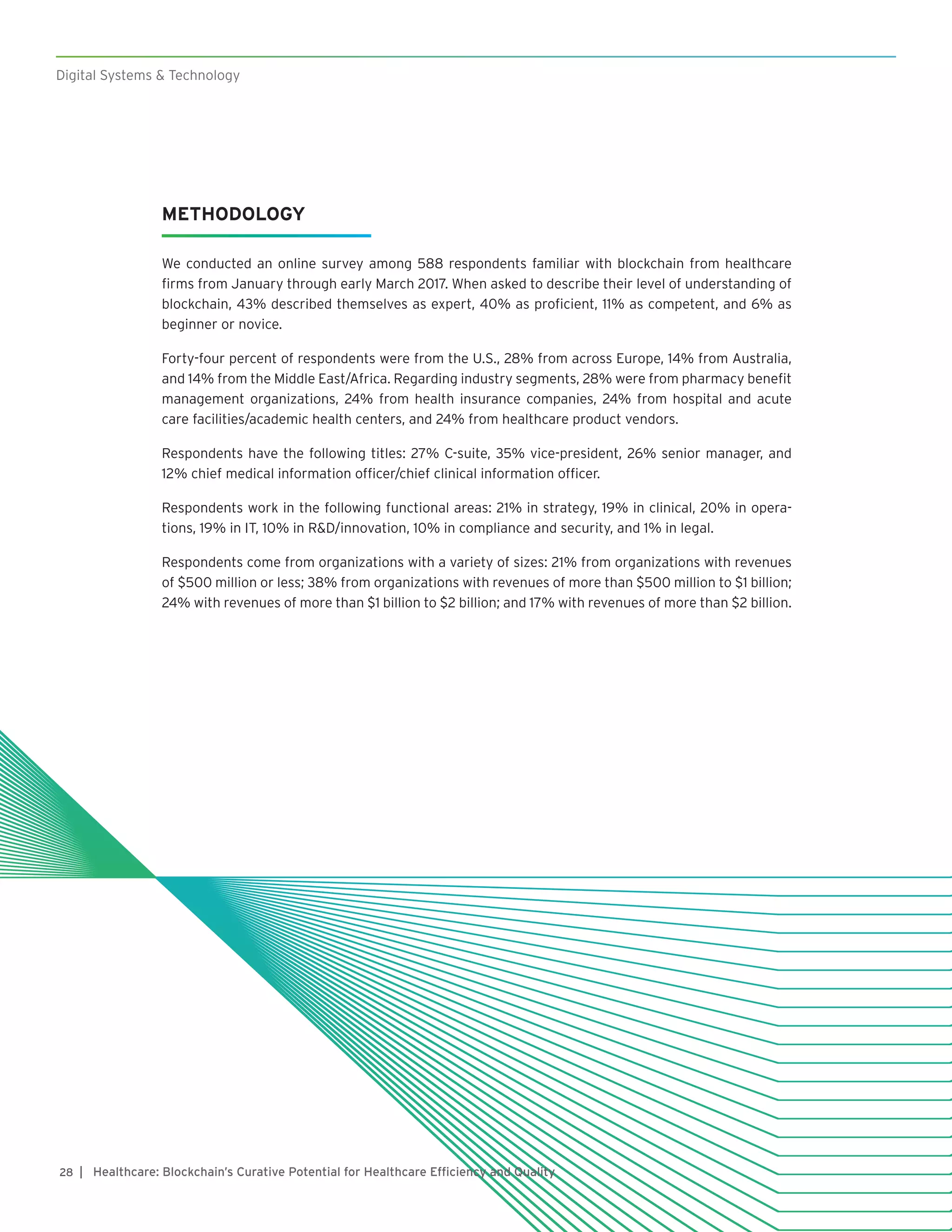 Digital Systems & Technology
| Healthcare: Blockchain’s Curative Potential for Healthcare Efficiency and Quality28
METHODOLOGY
We conducted an online survey among 588 respondents familiar with blockchain from healthcare
firms from January through early March 2017. When asked to describe their level of understanding of
blockchain, 43% described themselves as expert, 40% as proficient, 11% as competent, and 6% as
beginner or novice.
Forty-four percent of respondents were from the U.S., 28% from across Europe, 14% from Australia,
and 14% from the Middle East/Africa. Regarding industry segments, 28% were from pharmacy benefit
management organizations, 24% from health insurance companies, 24% from hospital and acute
care facilities/academic health centers, and 24% from healthcare product vendors.
Respondents have the following titles: 27% C-suite, 35% vice-president, 26% senior manager, and
12% chief medical information officer/chief clinical information officer.
Respondents work in the following functional areas: 21% in strategy, 19% in clinical, 20% in opera-
tions, 19% in IT, 10% in R&D/innovation, 10% in compliance and security, and 1% in legal.
Respondents come from organizations with a variety of sizes: 21% from organizations with revenues
of $500 million or less; 38% from organizations with revenues of more than $500 million to $1 billion;
24% with revenues of more than $1 billion to $2 billion; and 17% with revenues of more than $2 billion.
 
