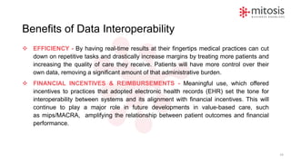 Benefits of Data Interoperability
❖ EFFICIENCY - By having real-time results at their fingertips medical practices can cut
down on repetitive tasks and drastically increase margins by treating more patients and
increasing the quality of care they receive. Patients will have more control over their
own data, removing a significant amount of that administrative burden.
❖ FINANCIAL INCENTIVES & REIMBURSEMENTS - Meaningful use, which offered
incentives to practices that adopted electronic health records (EHR) set the tone for
interoperability between systems and its alignment with financial incentives. This will
continue to play a major role in future developments in value-based care, such
as mips/MACRA, amplifying the relationship between patient outcomes and financial
performance.
14
 
