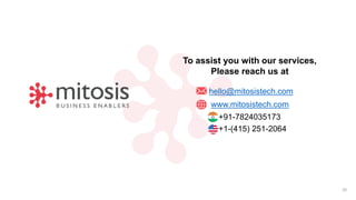 To assist you with our services,
Please reach us at
20
hello@mitosistech.com
+91-7824035173
+1-(415) 251-2064
www.mitosistech.com
 