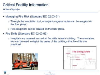 - 14 -
Proprietary & Confidential
At Your Fingertips
Critical Facility Information
• Managing Fire Risk (Standard EC 02.03.01)
o Through the annotation tool, emergency egress routes can be mapped on
the floor plans.
o Fire equipment can be located on the floor plans.
• Fire Drills (Standard EC 02.03.03)
o Hospitals are required to conduct fire drills in each building. The annotation
tool can be used to depict the areas of the buildings that fire drills are
practiced.
 