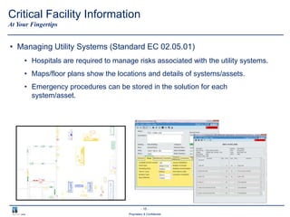 - 15 -
Proprietary & Confidential
• Managing Utility Systems (Standard EC 02.05.01)
• Hospitals are required to manage risks associated with the utility systems.
• Maps/floor plans show the locations and details of systems/assets.
• Emergency procedures can be stored in the solution for each
system/asset.
At Your Fingertips
Critical Facility Information
 