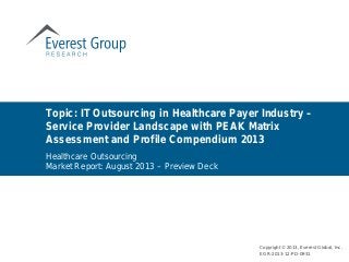 Topic: IT Outsourcing in Healthcare Payer Industry –
Service Provider Landscape with PEAK Matrix
Assessment and Profile Compendium 2013
Healthcare Outsourcing
Market Report: August 2013 – Preview Deck
Copyright © 2013, Everest Global, Inc.
EGR-2013-12-PD-0931
 