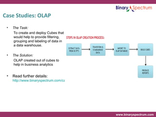Case Studies: OLAP The Task: To create and deploy Cubes that would help to provide filtering, grouping and labeling of data in a data warehouse.  The Solution: OLAP created out of cubes to help in business analytics Read further details:  http://www.binaryspectrum.com/casestudies/hmo/OnlineAnalyticalProcessing.html 