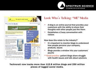 Look Who’s Talking: “ME” Media A blog is an online journal that provides your customers with the ability to share their thoughts with other people just like them Establishes a 2-way conversation with visitors How does this relate to the industry? It’s important to monitor blogs to understand how people perceive your company, products, issues Blogs provide a window into your customers’ psyche **Good practice:  patient blogs share struggle with health issues and talk about solutions Technorati now tracks more than 112.8 million blogs and 250 million pieces of tagged social media. 