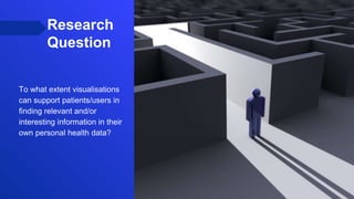 Research
Question
To what extent visualisations
can support patients/users in
finding relevant and/or
interesting information in their
own personal health data?
 