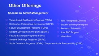 Other Offerings
⬡ Value Added Certifications/Courses (VACs);
⬡ Continuous Professional Development (CPD);
⬡ Faculty Development Programs (FDPs);
⬡ Student Development Programs (SDPs);
⬡ Faculty Exchange Programs (FEPs);
⬡ Student Exchange Programs (SEPs);
⬡ Social Outreach Programs (SORs) / Corporate Social Responsibility (CSR);
39
Specific to Talent Management
⬡ Joint / Integrated Courses
⬡ Student Exchange Program
⬡ Research Fellowship
⬡ Joint PhD Program
⬡ Internships
 