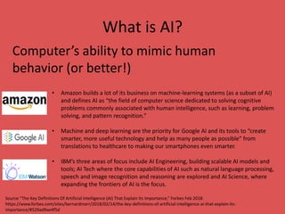 What is AI?
Computer’s ability to mimic human
behavior (or better!)
Source “The Key Definitions Of Artificial Intelligence (AI) That Explain Its Importance,” Forbes Feb 2018.
https://www.forbes.com/sites/bernardmarr/2018/02/14/the-key-definitions-of-artificial-intelligence-ai-that-explain-its-
importance/#529ad9ae4f5d
• Amazon builds a lot of its business on machine-learning systems (as a subset of AI)
and defines AI as “the field of computer science dedicated to solving cognitive
problems commonly associated with human intelligence, such as learning, problem
solving, and pattern recognition.”
• Machine and deep learning are the priority for Google AI and its tools to “create
smarter, more useful technology and help as many people as possible” from
translations to healthcare to making our smartphones even smarter.
• IBM’s three areas of focus include AI Engineering, building scalable AI models and
tools; AI Tech where the core capabilities of AI such as natural language processing,
speech and image recognition and reasoning are explored and AI Science, where
expanding the frontiers of AI is the focus.
 