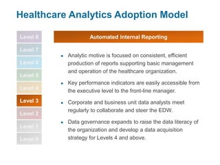 Level 8
Level 7
Level 6
Level 5
Level 4
Level 3
Level 2
Level 1
Level 0
Healthcare Analytics Adoption Model
Automated Internal Reporting
● Analytic motive is focused on consistent, efficient
production of reports supporting basic management
and operation of the healthcare organization.
● Key performance indicators are easily accessible from
the executive level to the front-line manager.
● Corporate and business unit data analysts meet
regularly to collaborate and steer the EDW.
● Data governance expands to raise the data literacy of
the organization and develop a data acquisition
strategy for Levels 4 and above.
 