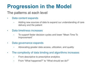 Progression in the Model
The patterns at each level
• Data content expands
• Adding new sources of data to expand our understanding of care
delivery and the patient
• Data timeliness increases
• To support faster decision cycles and lower “Mean Time To
Improvement”
• Data governance expands
• Advocating greater data access, utilization, and quality
• The complexity of data binding and algorithms increases
• From descriptive to prescriptive analytics
• From “What happened?” to “What should we do?”
 