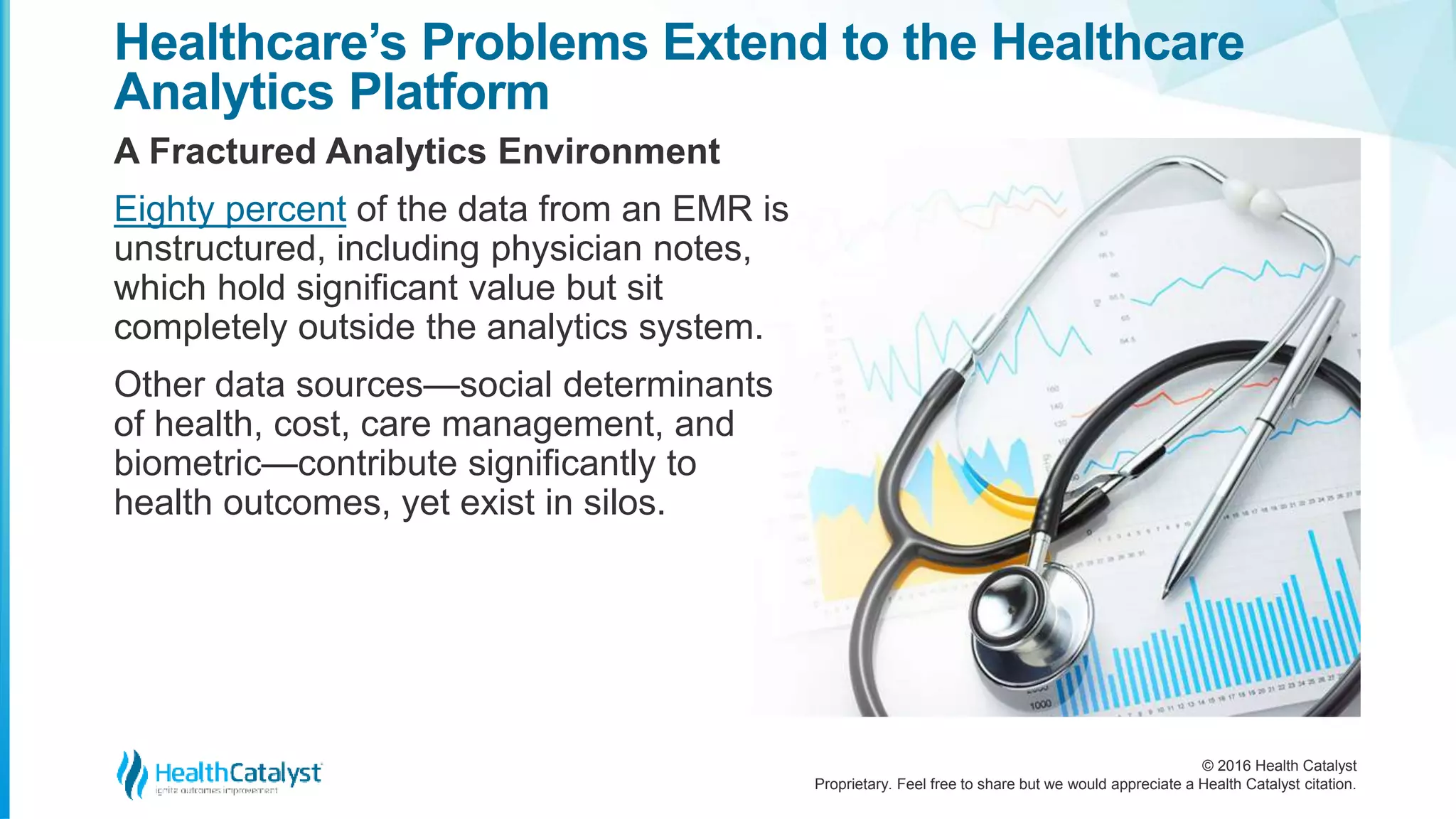 © 2016 Health Catalyst
Proprietary. Feel free to share but we would appreciate a Health Catalyst citation.
Healthcare’s Problems Extend to the Healthcare
Analytics Platform
A Fractured Analytics Environment
Eighty percent of the data from an EMR is
unstructured, including physician notes,
which hold significant value but sit
completely outside the analytics system.
Other data sources—social determinants
of health, cost, care management, and
biometric—contribute significantly to
health outcomes, yet exist in silos.
 