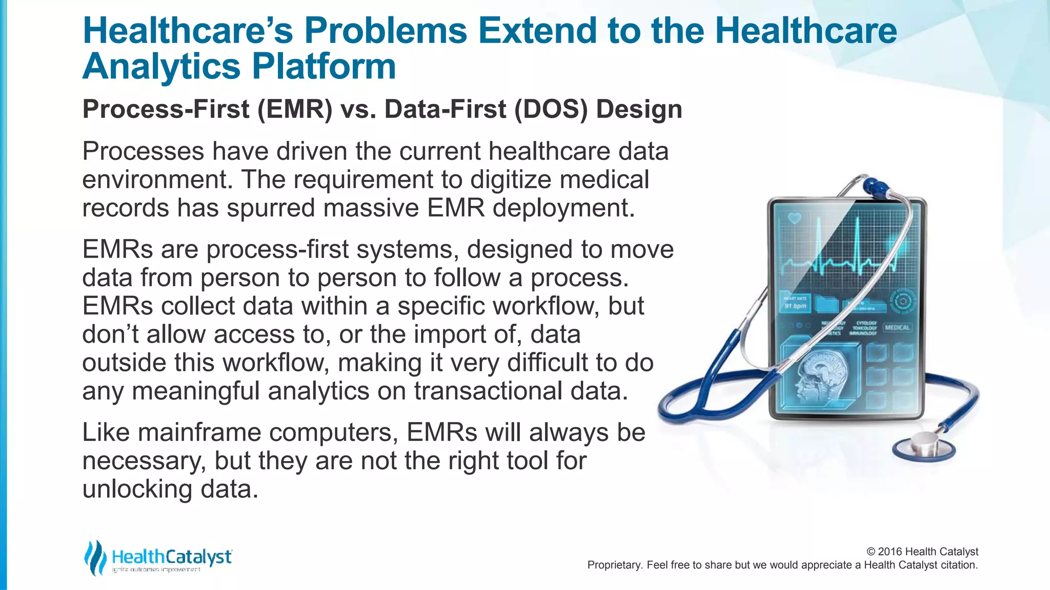 © 2016 Health Catalyst
Proprietary. Feel free to share but we would appreciate a Health Catalyst citation.
Healthcare’s Problems Extend to the Healthcare
Analytics Platform
Process-First (EMR) vs. Data-First (DOS) Design
Processes have driven the current healthcare data
environment. The requirement to digitize medical
records has spurred massive EMR deployment.
EMRs are process-first systems, designed to move
data from person to person to follow a process.
EMRs collect data within a specific workflow, but
don’t allow access to, or the import of, data
outside this workflow, making it very difficult to do
any meaningful analytics on transactional data.
Like mainframe computers, EMRs will always be
necessary, but they are not the right tool for
unlocking data.
 